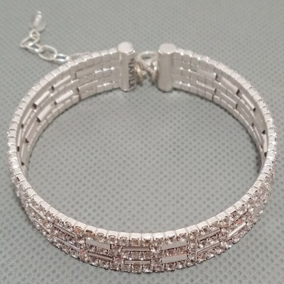 NAPIER Art Deco/Glam Silver Clear Crystal Multi Row Flex Cuff Bracelet**NEW! - Picture 3 of 3